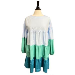 Aaron & Amber Blue & Green  Long Sleeve Babydoll Dress Size Medium NWT